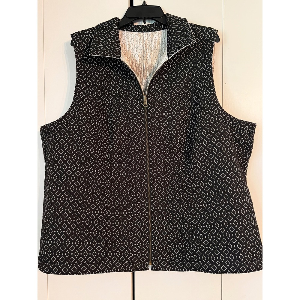 Reversible Geometric Abstract Print Zip‎ Up Quilted Vest Black Brown Cream XL